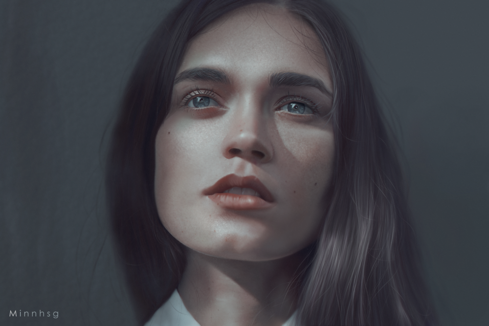 Обои для рабочего стола Портрет темноволосой и голубоглазой модели Valerie Berthou, by minnhsg