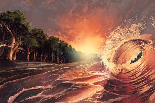 Обои на рабочий стол Большая волна у берега на закате, by chateaugrief