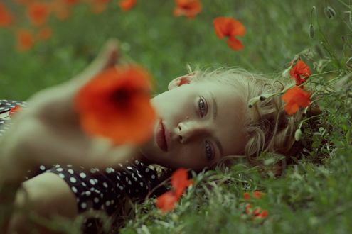 Обои на рабочий стол Девушка Ольга с маком в руке лежит на траве, фотограф Marta Bevacqua