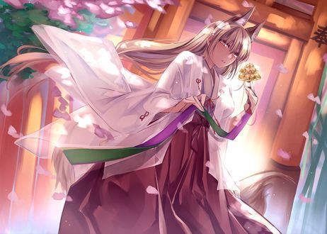 Обои на рабочий стол Девушка-лисица / Fox girl в одежде жрицы стоит на фоне ворот торий, автор yukibuster