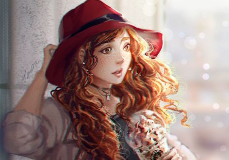Обои на рабочий стол Девушка в шляпе с десертом в руке, by Sillyselly