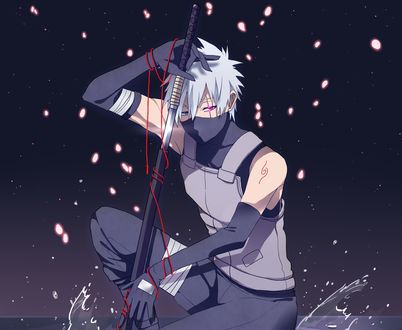 Обои на рабочий стол Какаши Хатаке / Kakashi Hatake в форме ANBU с катаной из аниме Наруто / Naruto