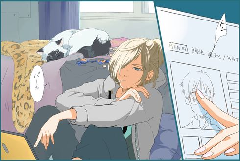 Обои на рабочий стол Фигурист Yuri Plisetsky / Юрий Плисецкий сидит в своей комнате с кошкой из аниме Юрий на льду! / Yuri on Ice!