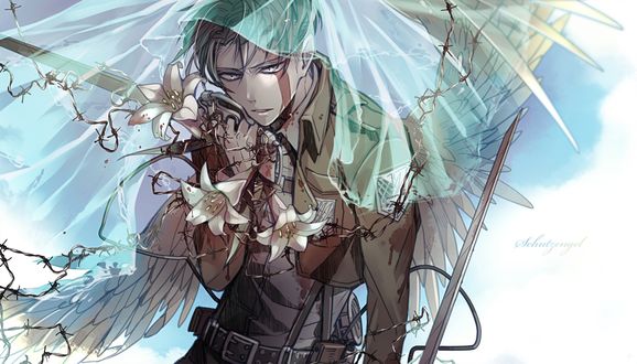 Обои на рабочий стол Леви Райвель / Levi Rivaille с крыльями и белыми лилиями из аниме Атака Титана / Attack on Titan / Shingeki no Kyojin