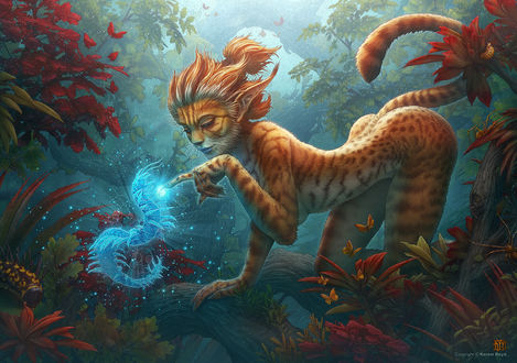 Обои на рабочий стол Девушка-рысь трогает сороконожку, by kerembeyit