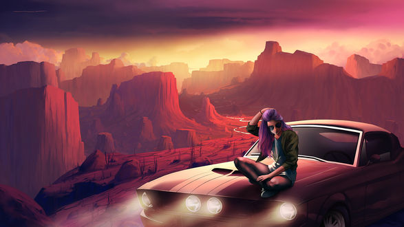 Обои на рабочий стол Девушка в очках сидит на авто на фоне гор, by lorantart