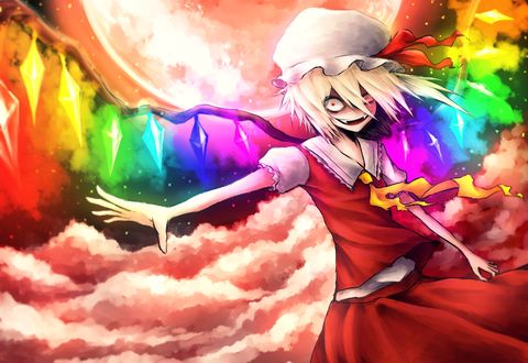 Обои на рабочий стол Flandre Scarlet / Фландре Скарлет занимается черной магией в полнолуние, персонаж из серии компьютерных игр Touhou Project / Проект «Восток»