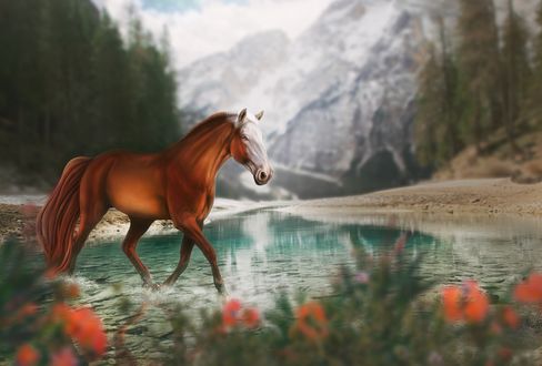 Обои на рабочий стол Лошадь идет по голубой воде, by Fiirewolf