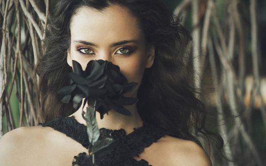 Обои на рабочий стол Зеленоглазая модель Beatriz Calderоn в черном наряде с черной розой в руках, фотограф Jayma javier