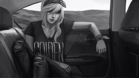 Обои на рабочий стол Черно-белый портрет девушки в авто, by FranzNacion
