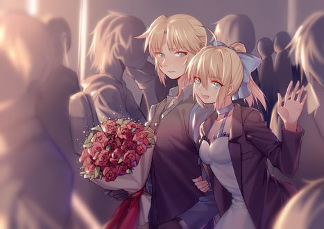 Обои на рабочий стол Saber / Сабер и Yorukun с букетом в толпе людей из аниме Fate / stay night / Судьба: Ночь Прибытия / Fate Apocrypha