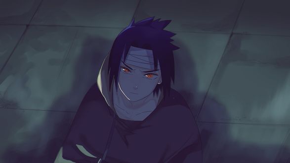 Обои на рабочий стол Uchiha Sasuke / Учиха Саске с забинтованной головой смотрит вверх из аниме Наруто / Naruto