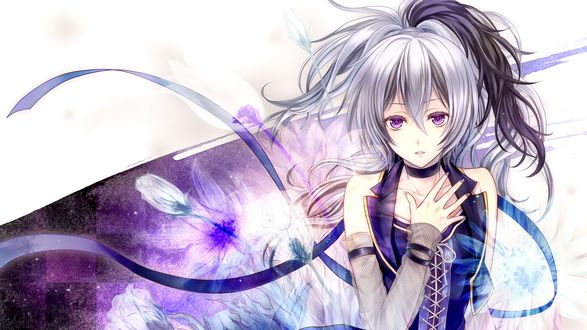 Обои на рабочий стол Vocaloid IA / Вокалоид Ия с разноцветными волосами в синем платье с лентами