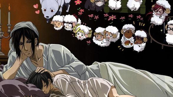 Обои на рабочий стол Себастьян Михаэлис / Sebastian Michaelis и Сиэль Фантомхайв / Ciel Phantomhive из аниме Темный дворецкий / Kuroshitsuji
