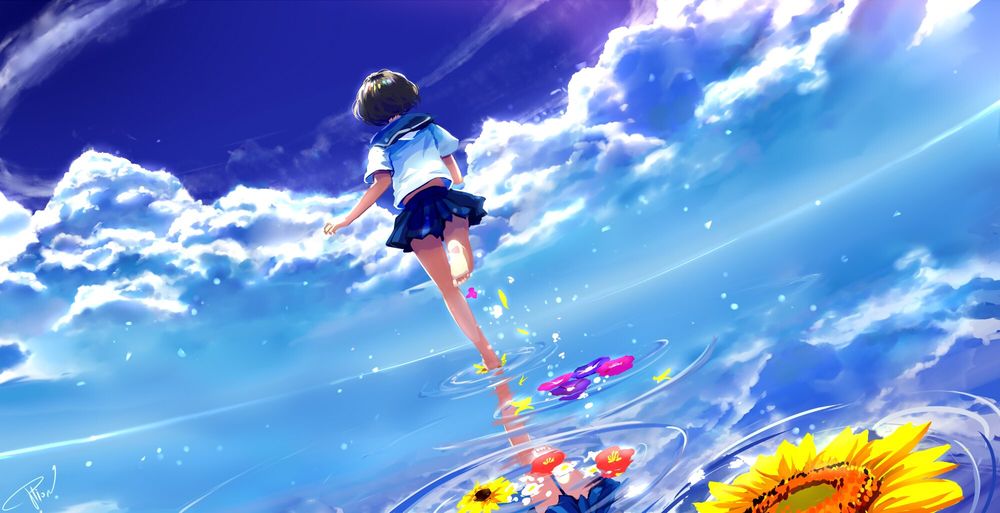 Обои для рабочего стола Девушка бежит по воде, оставляя после себя цветы, автор Potion Lilac