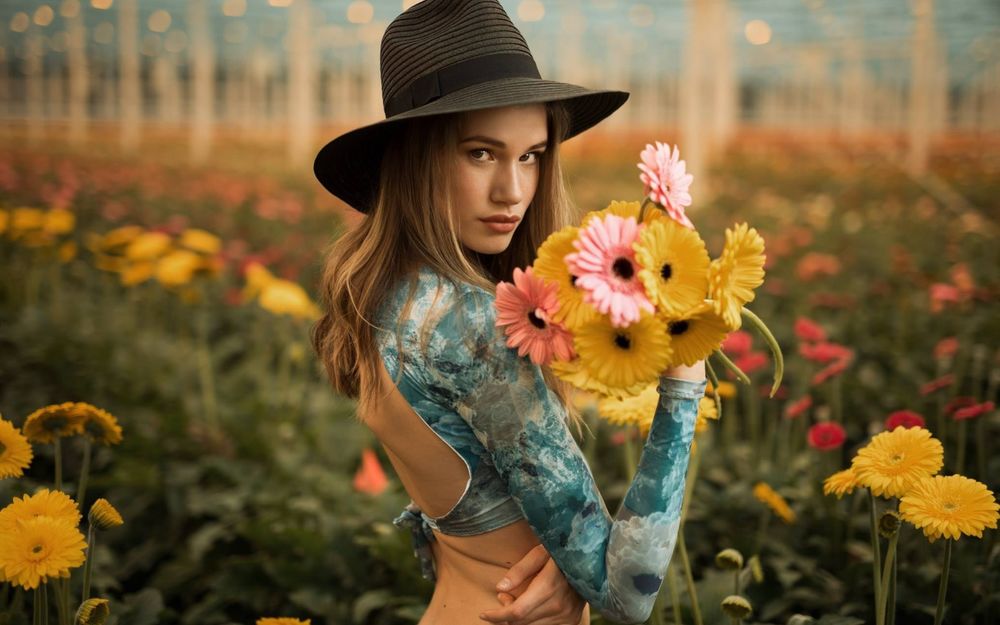 Обои для рабочего стола Русоволосая девушка в ковбойской шляпе стоит на цветочном поле с букетом разноцветных гербер в руках