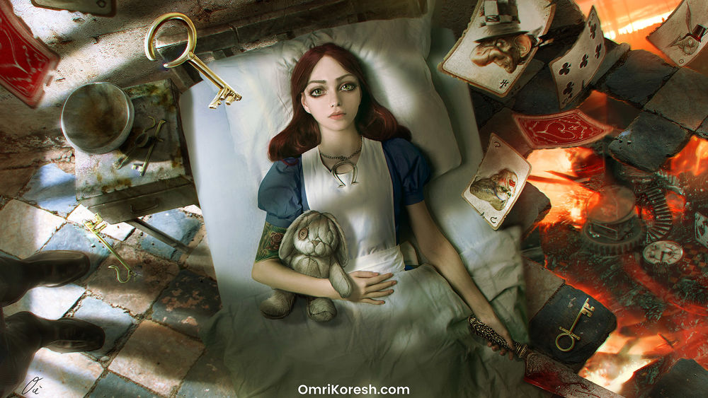Обои для рабочего стола Алиса с кроликом в руке лежит на постели, арт к игре American McGees Alice: Madness Returns, by OmriKoresh
