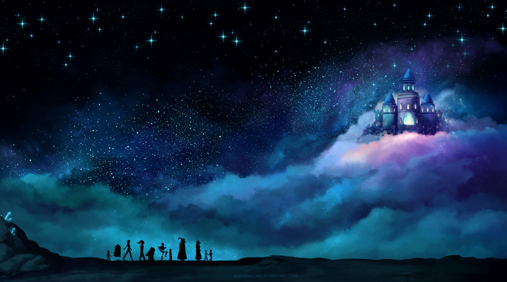 Обои для рабочего стола Силуэты персонажей игры Undertale / Подземная сказка, шагающих к замку в облаках, на фоне звездного неба, by AuroraLion