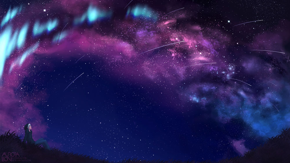 Обои для рабочего стола Беловолосый парень, сидя на траве, любуется фантастическим звездным небом, by AuroraLion