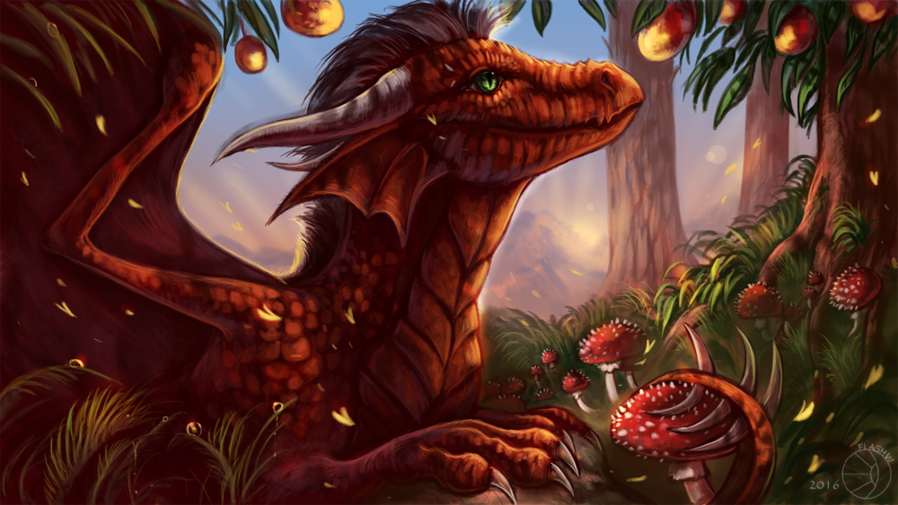 Обои для рабочего стола Красный дракон на фоне манго и природы, by FlashW
