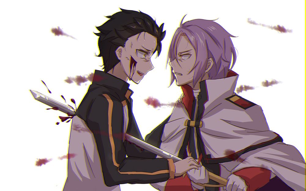 Обои для рабочего стола Раненный Natsuki Subaru / Натсуки Субару с парнем из аниме Re: Жизнь в альтернативном мире с нуля / Re:Zero kara Hajimeru Isekai Seikatsu
