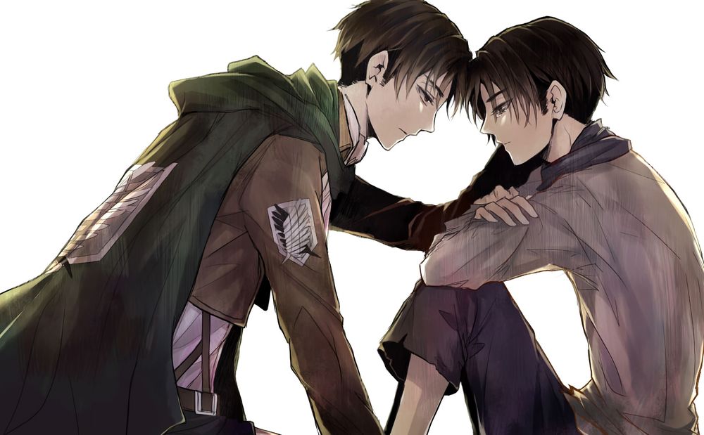 Обои для рабочего стола Levi / Леви утешает Эрена Ягера / Eren Yeager из аниме Атака Титана / Attack on Titan / Shingeki no Kyojin