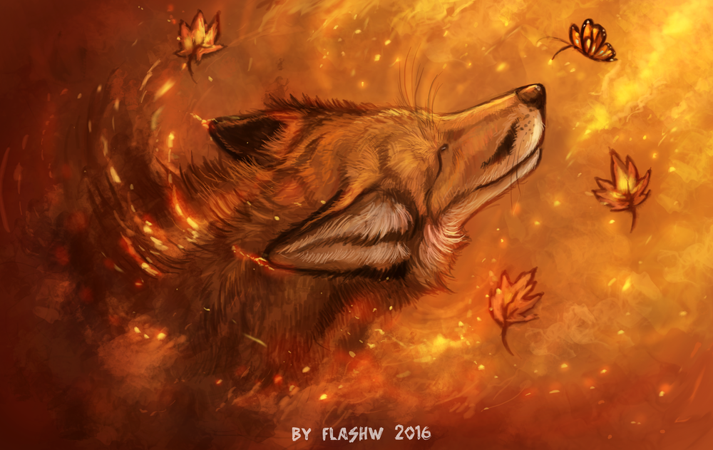 Обои для рабочего стола Лис и бабочка на фоне листьев, by FlashW