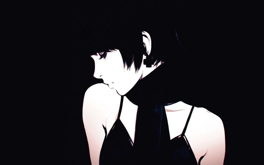 Обои для рабочего стола Девушка в черной одежде на черном фоне, by Kuvshinov Ilya