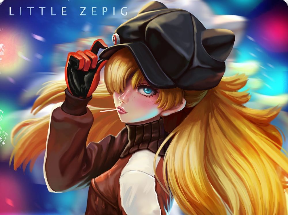 Обои для рабочего стола Девушка - блондинка держит руку на кепке, by little zepig