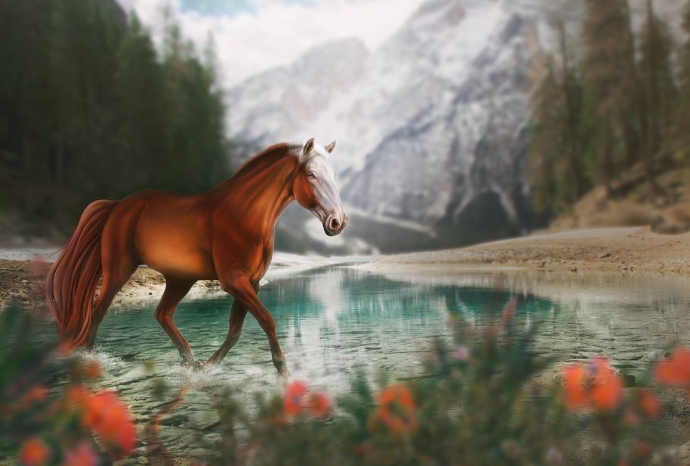 Обои для рабочего стола Лошадь идет по голубой воде, by Fiirewolf