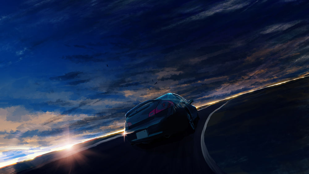 Обои для рабочего стола Авто едет по дороге на фоне закатного неба, by Y_Y