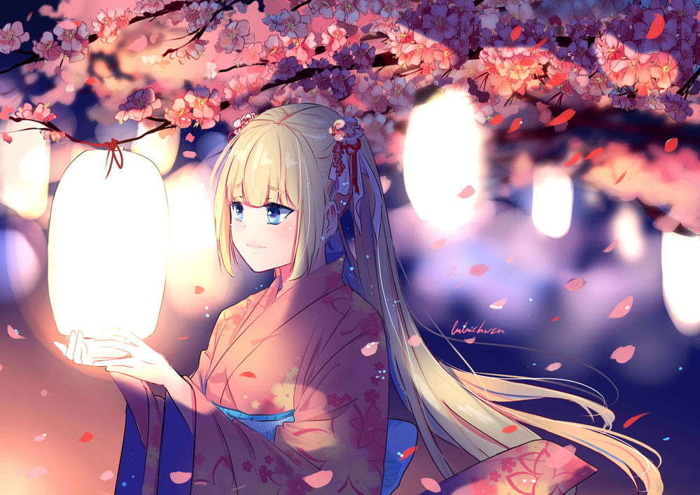 Обои для рабочего стола Девушка стоит под цветущей сакурой с фонарем над рукой, by lluluchwan