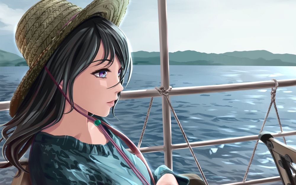 Обои для рабочего стола Девушка в шляпке на корабле плывущем в море, by Shamakho