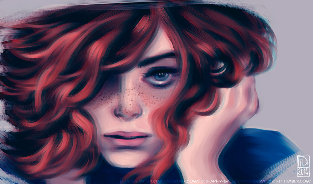 Обои для рабочего стола Рыжеволосая девушка с рукой в волосах, by FidisART
