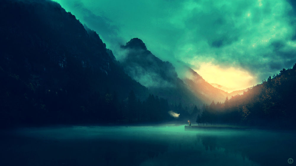 Обои для рабочего стола Воин целится из лука с огненной стрелой в призрака, парящего над туманным озером в горах