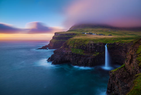 Обои на рабочий стол Водопад под небом с розовыми облаками, Gаsadalur, Faroe Islands / Гасадалур, Фарерские острова, by Vicki Mar