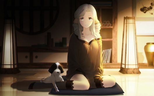 Обои на рабочий стол Мунэчика / Munechika из аниме Прославленный: Маска лжеца / Utawarerumono: Itsuwari no Kamen, сидит на полу возле щенка