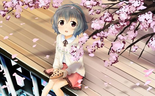Обои на рабочий стол Narumiya Yume / Нарумия Юмэ из аниме Идолмастер: Девушки-золушки / The iDOLM@STER Cinderella Girls, сидит под цветущей сакурой
