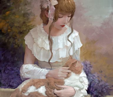 Обои на рабочий стол Девушка с котом на руках, by Or lyn