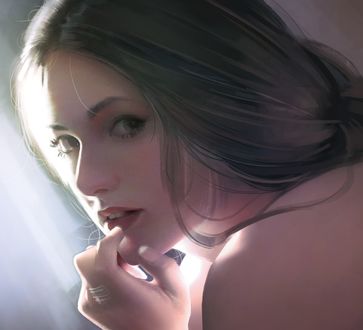 Обои на рабочий стол Девушка держит руку у рта, by Or lyn
