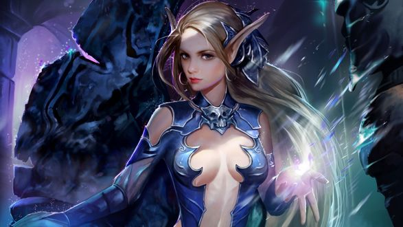 Обои на рабочий стол Длинноухая девушка эльф использует магию из игры World of Warcraft