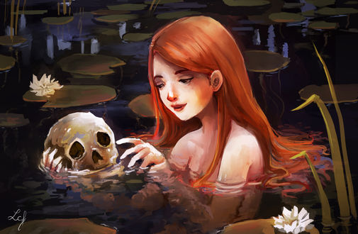 Обои на рабочий стол Рыжеволосая девушка в воде держит череп, by Ludmila-Cera-Foce
