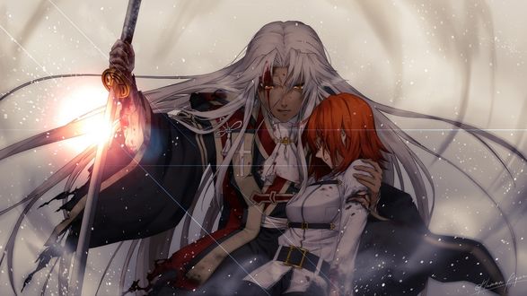 Обои на рабочий стол Раненный Shiroo Kotomine с катаной и Protagonist из онлайн RPG игры Fate / Grand Order