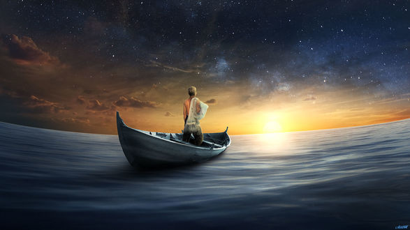 Обои на рабочий стол Парень стоит в лодке на воде на фоне заката, by FantasyArt0102