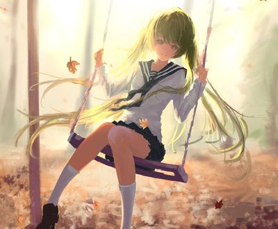 Обои на рабочий стол Вокалоид Хатсуне Мику / Vocaloid Hatsune Miku качается на качелях в осеннем парке, by Sombernight