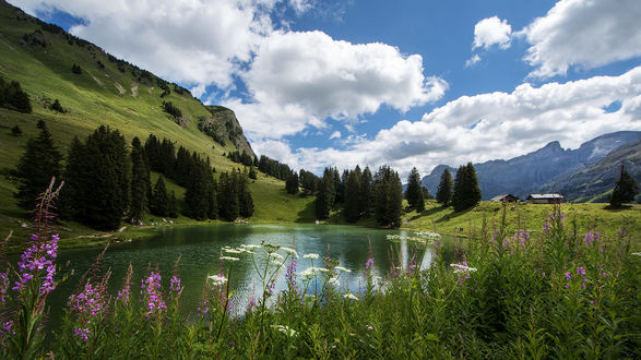 Обои на рабочий стол Вид на озеро под голубыми небом с облаками вблизи Gstaad Switzerland / Гштаад Швейцарии, фотограф Jacky Kobelt