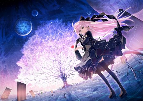 Обои на рабочий стол Альфа / Alpha из визуальной новеллы Kokoro Rista! стоит с сердечком в руке в виртуальном мире с большим деревом, дверьми и планетами