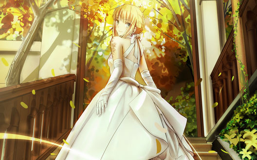 Обои на рабочий стол Артурия Пендрагон / Artoria Pendragon / Король Артур / King Arthur / Сейбер / Saber из серии аниме и новелл Fate / Stay night / Судьба: Ночь схватки / Ночь прибытия, в вечернем платье поднимается по лестнице в саду, автор Magicians