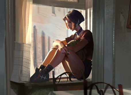 Обои на рабочий стол Mathilda / Матильда сидит на окне, фильм leon / Леон, by Li Didivi