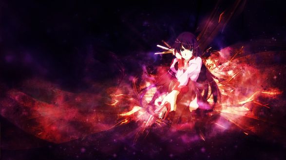 Обои на рабочий стол Сэндзегахара Хитаги / Hitagi Senjougahara из аниме Bakemonogatari / Истории монстров, вооружена степлером и набором канцелярских ножей, автор FacelessVixen
